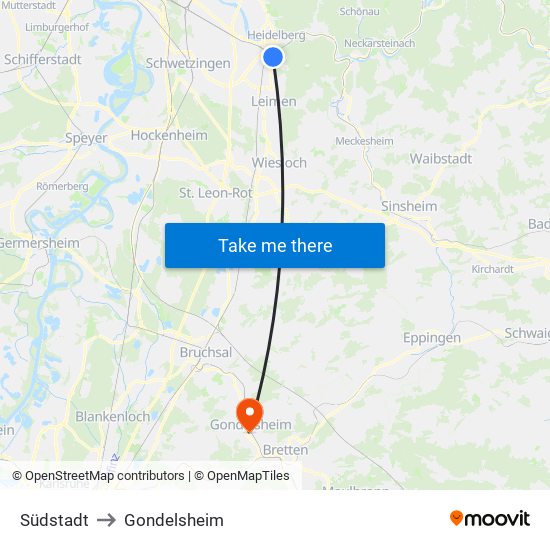 Südstadt to Gondelsheim map