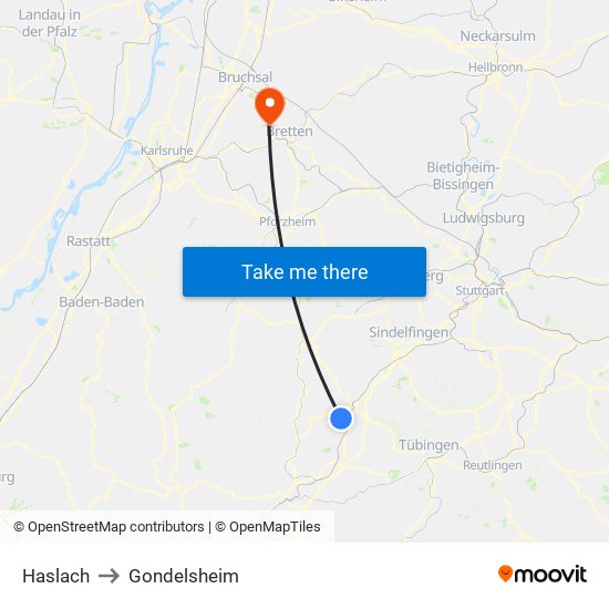 Haslach to Gondelsheim map