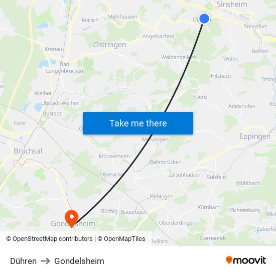 Dühren to Gondelsheim map