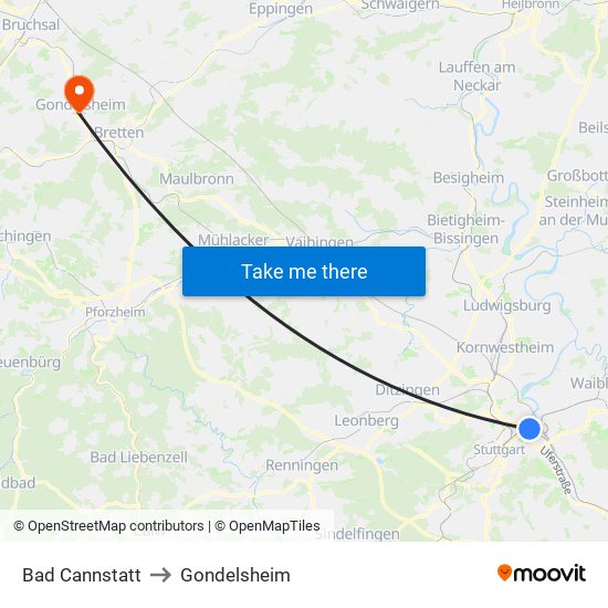 Bad Cannstatt to Gondelsheim map