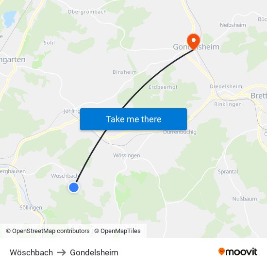 Wöschbach to Gondelsheim map