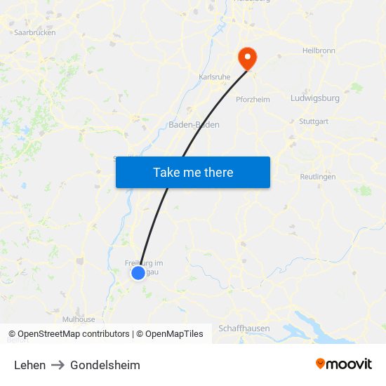 Lehen to Gondelsheim map