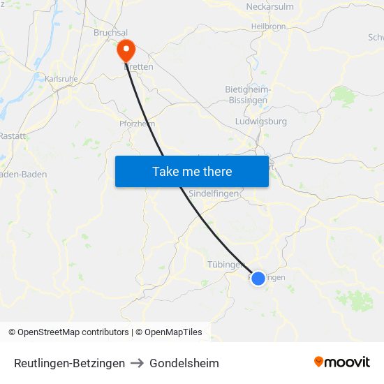 Reutlingen-Betzingen to Gondelsheim map