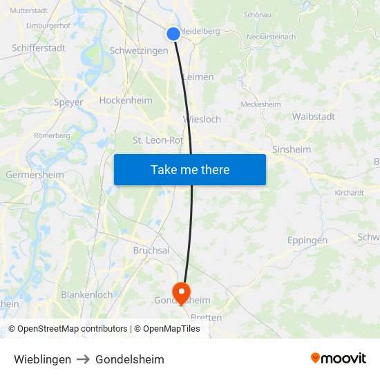 Wieblingen to Gondelsheim map