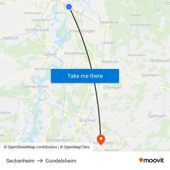 Seckenheim to Gondelsheim map