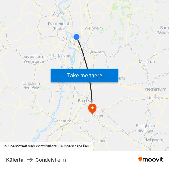 Käfertal to Gondelsheim map