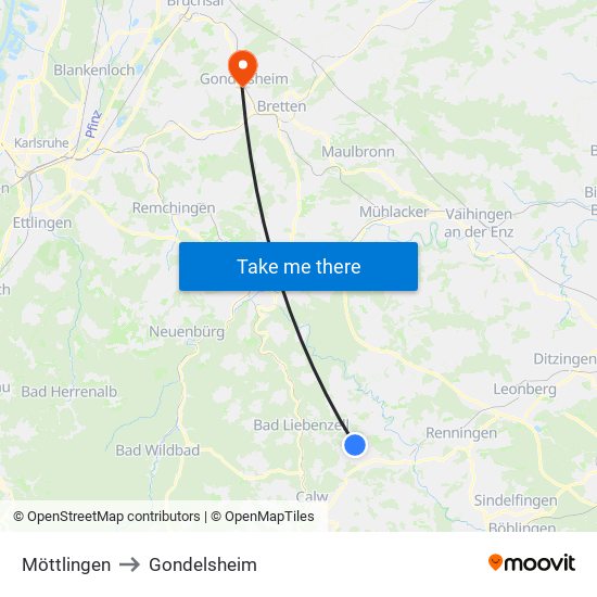 Möttlingen to Gondelsheim map