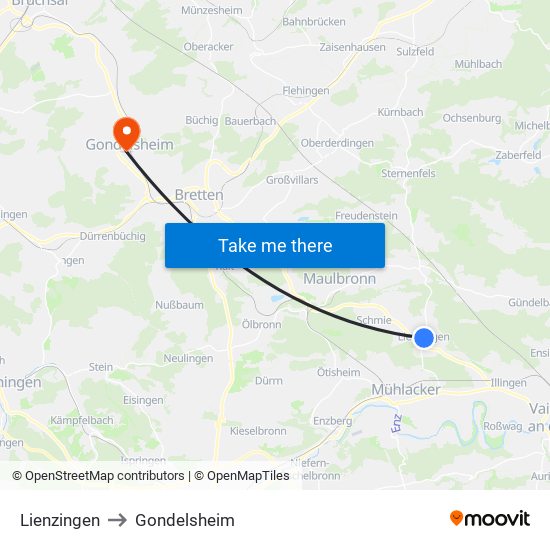 Lienzingen to Gondelsheim map