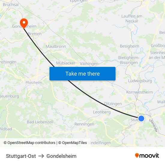 Stuttgart-Ost to Gondelsheim map