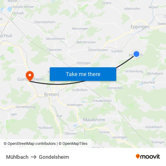 Mühlbach to Gondelsheim map