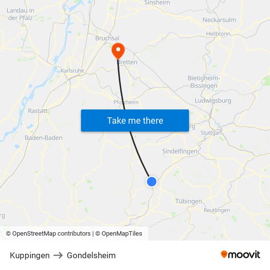 Kuppingen to Gondelsheim map