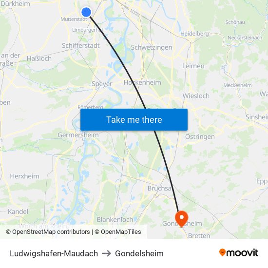 Ludwigshafen-Maudach to Gondelsheim map