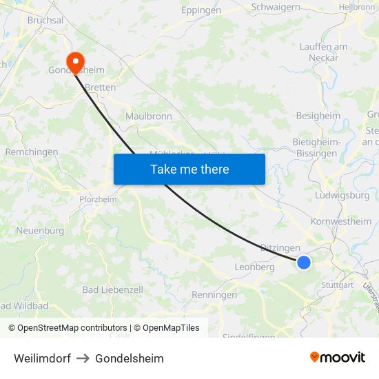 Weilimdorf to Gondelsheim map