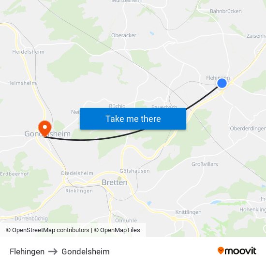 Flehingen to Gondelsheim map