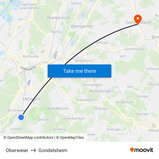 Oberweier to Gondelsheim map