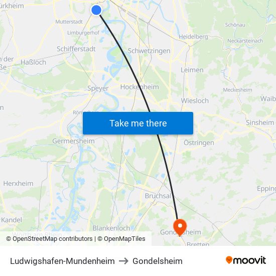 Ludwigshafen-Mundenheim to Gondelsheim map