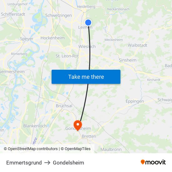 Emmertsgrund to Gondelsheim map