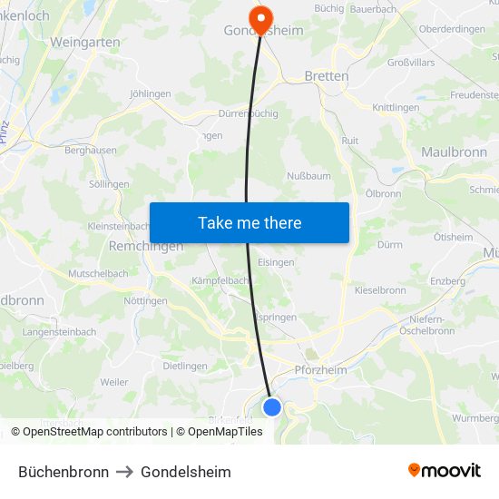 Büchenbronn to Gondelsheim map