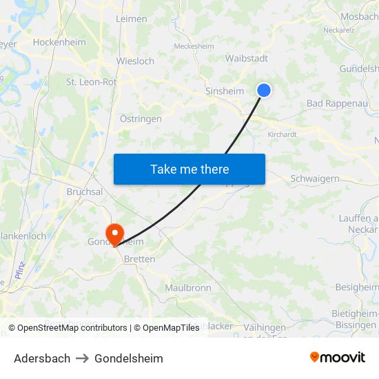 Adersbach to Gondelsheim map