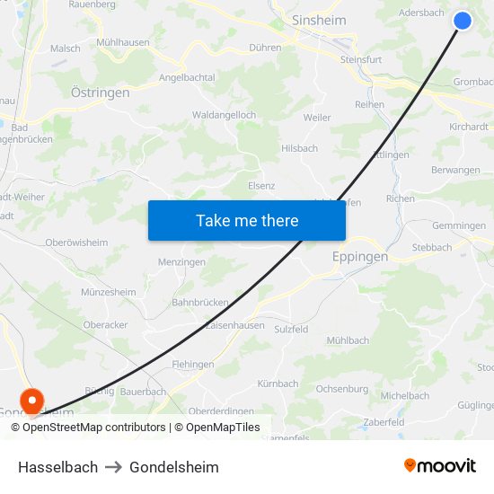 Hasselbach to Gondelsheim map