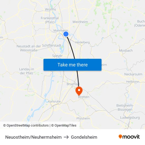 Neuostheim/Neuhermsheim to Gondelsheim map