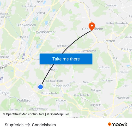 Stupferich to Gondelsheim map