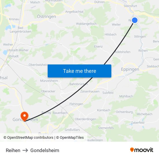 Reihen to Gondelsheim map