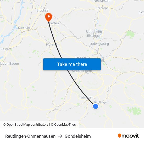 Reutlingen-Ohmenhausen to Gondelsheim map