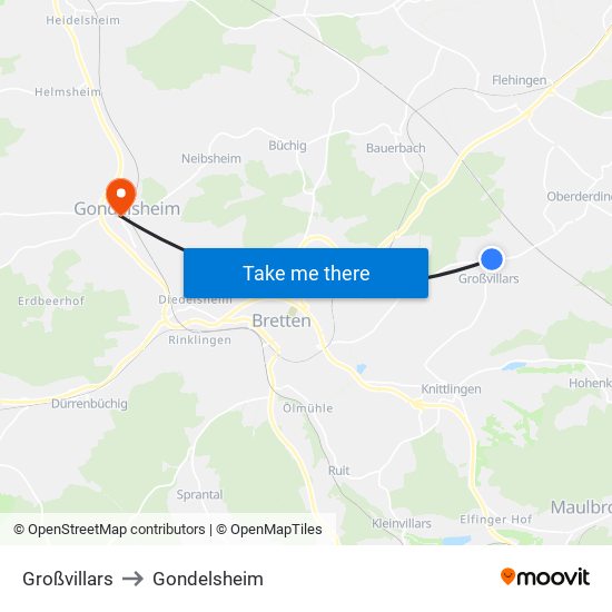 Großvillars to Gondelsheim map