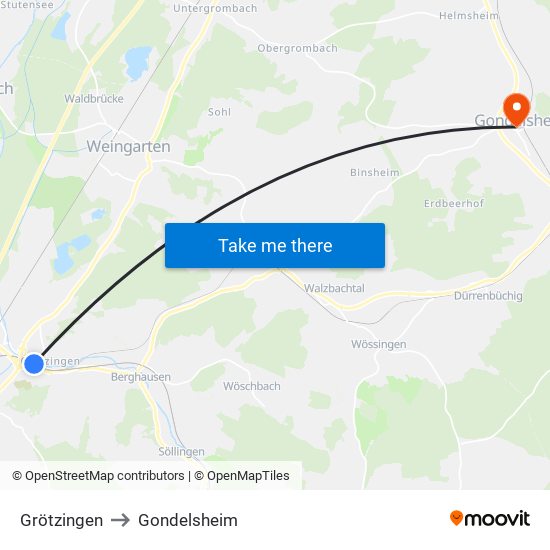 Grötzingen to Gondelsheim map