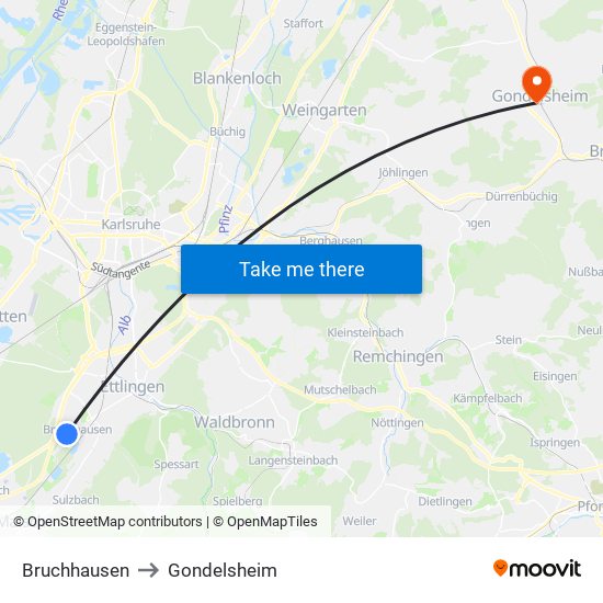 Bruchhausen to Gondelsheim map