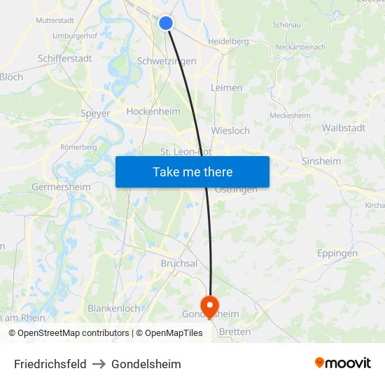 Friedrichsfeld to Gondelsheim map