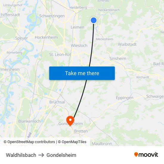 Waldhilsbach to Gondelsheim map