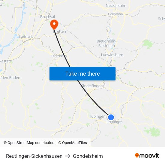 Reutlingen-Sickenhausen to Gondelsheim map