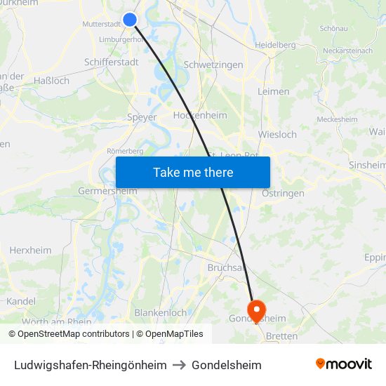 Ludwigshafen-Rheingönheim to Gondelsheim map