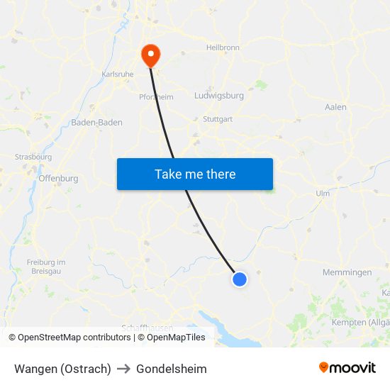 Wangen (Ostrach) to Gondelsheim map