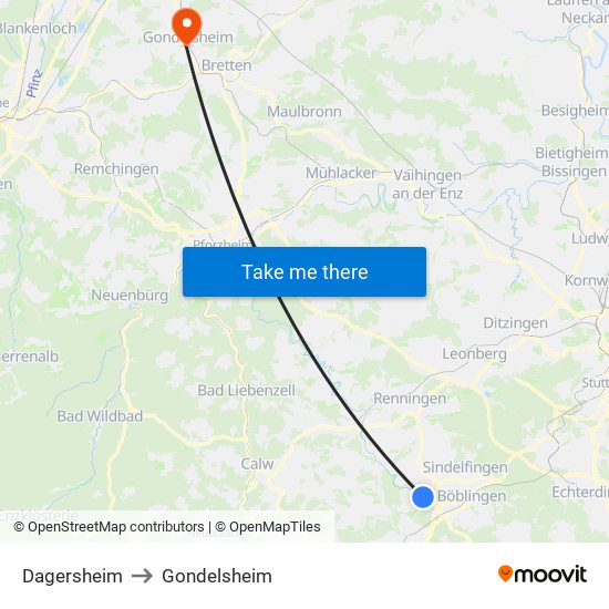 Dagersheim to Gondelsheim map