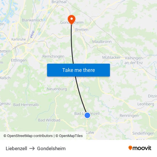 Liebenzell to Gondelsheim map