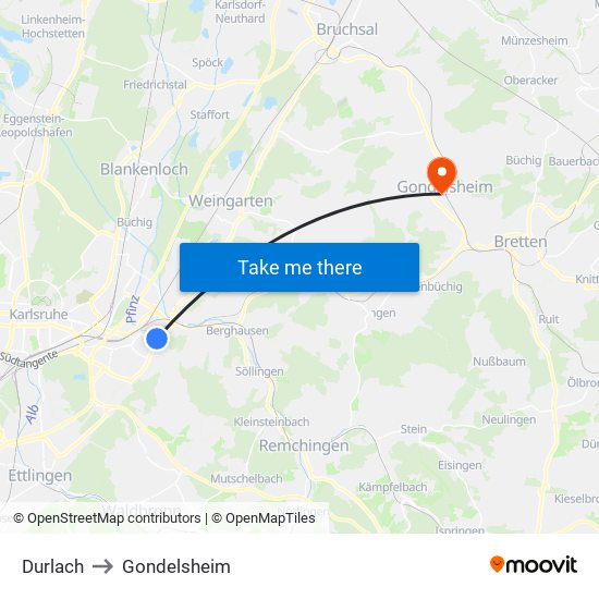 Durlach to Gondelsheim map