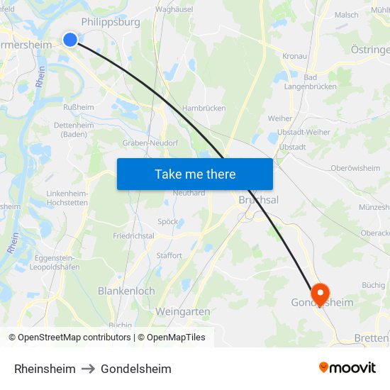 Rheinsheim to Gondelsheim map