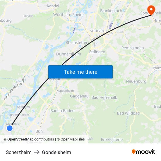 Scherzheim to Gondelsheim map