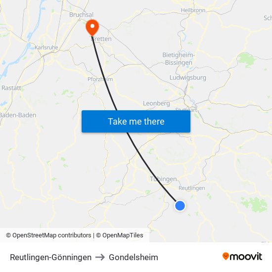 Reutlingen-Gönningen to Gondelsheim map