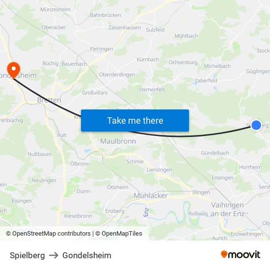 Spielberg to Gondelsheim map