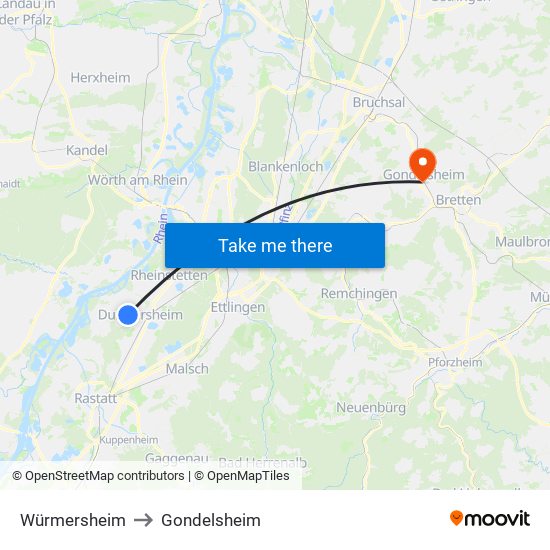 Würmersheim to Gondelsheim map