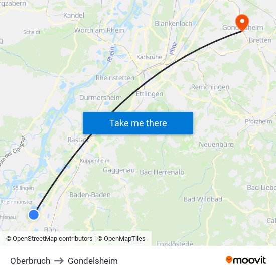 Oberbruch to Gondelsheim map