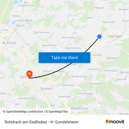 Rohrbach am Gießhübel to Gondelsheim map