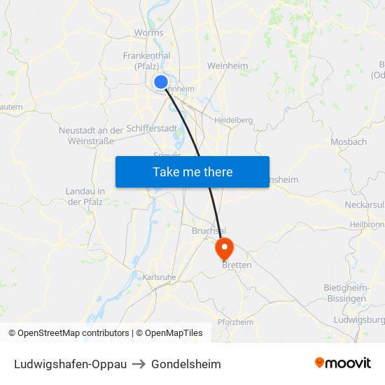 Ludwigshafen-Oppau to Gondelsheim map