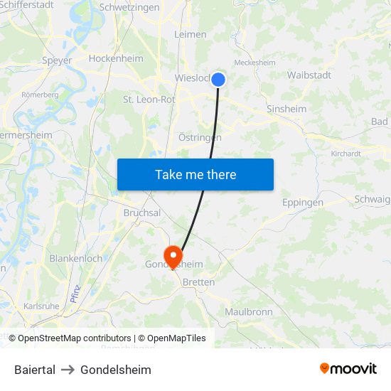 Baiertal to Gondelsheim map