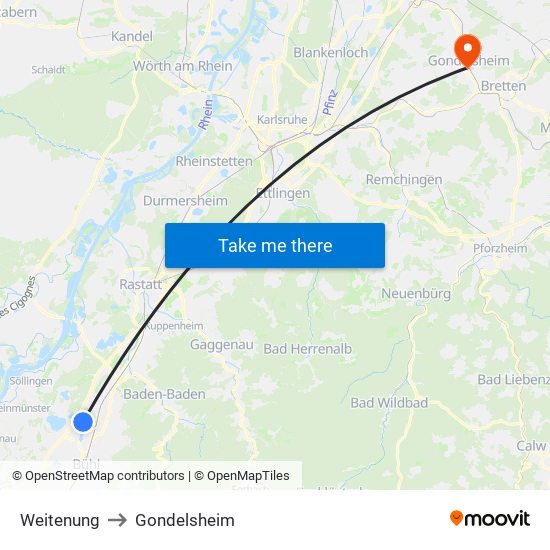 Weitenung to Gondelsheim map