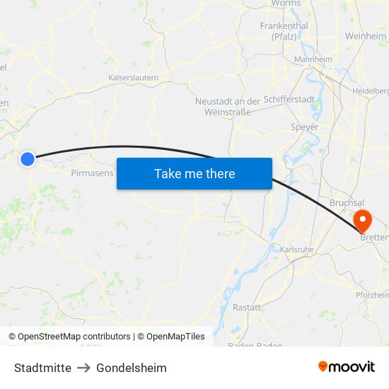 Stadtmitte to Gondelsheim map